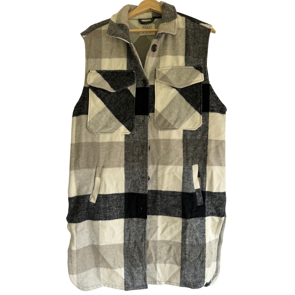 Ashley by 26 International Plaid Longline Vest Shacket Black White Gray Large